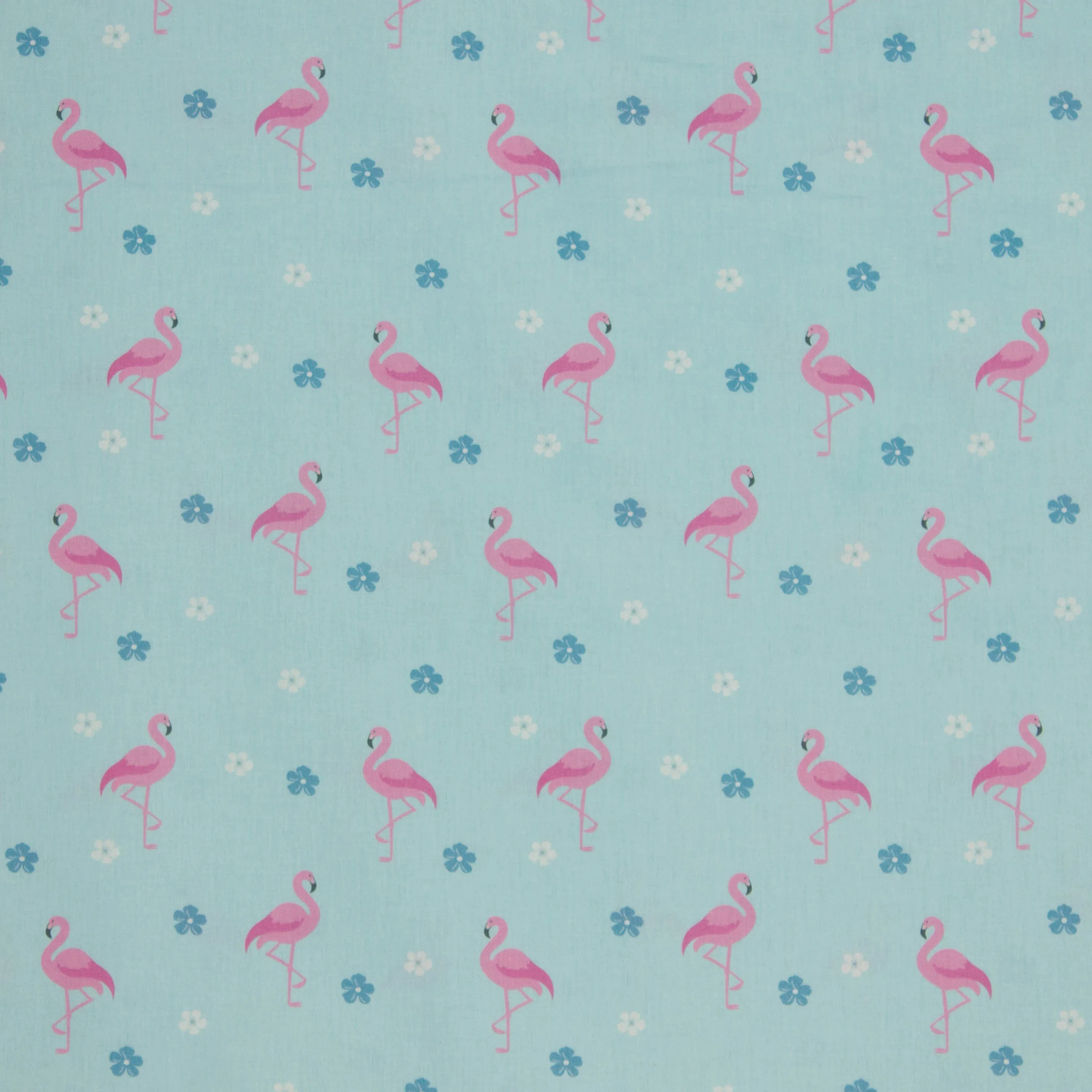 Blauwe katoen met flamingo's en bloempjes